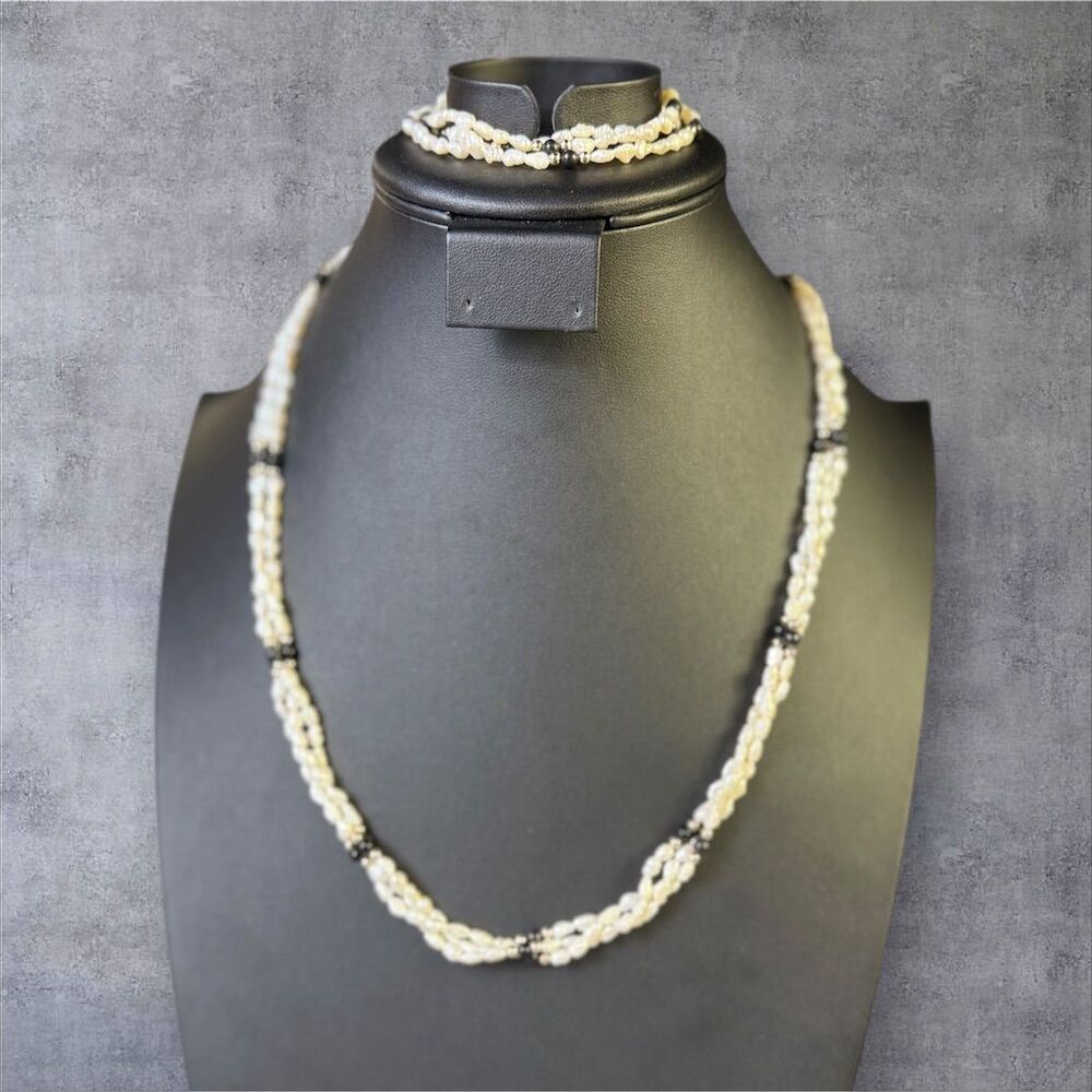 295. Vintage Triple Strand Rice Pearl & Black Bead Necklace Bracelet Set
